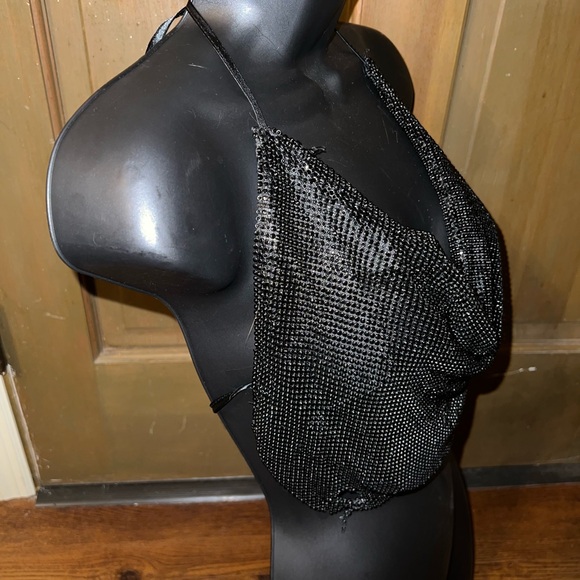 Steve Madden Black Rhinestone Open Back Halter Top One Size - Picture 2 of 13
